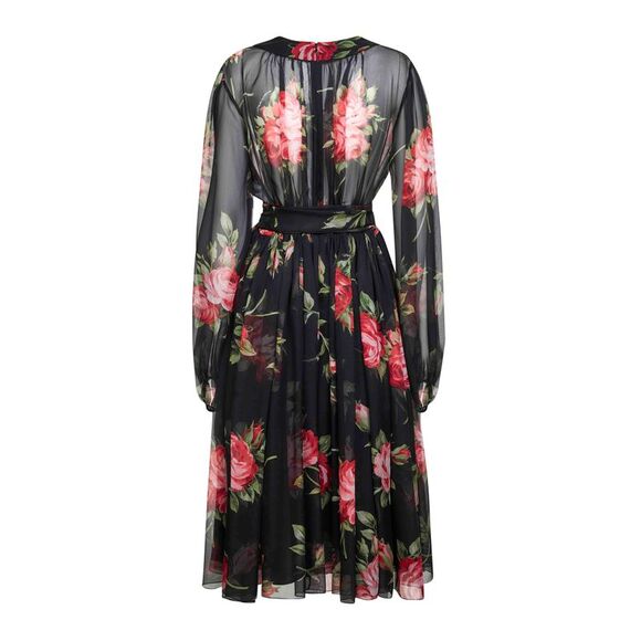 Dolce & Gabbana Women Black Rose Bouquet Printed Chiffon Dress - Picture 2 of 2